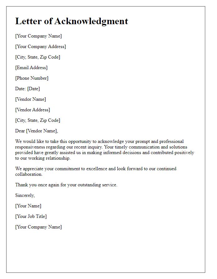 Letter template of acknowledgment for vendor responsiveness