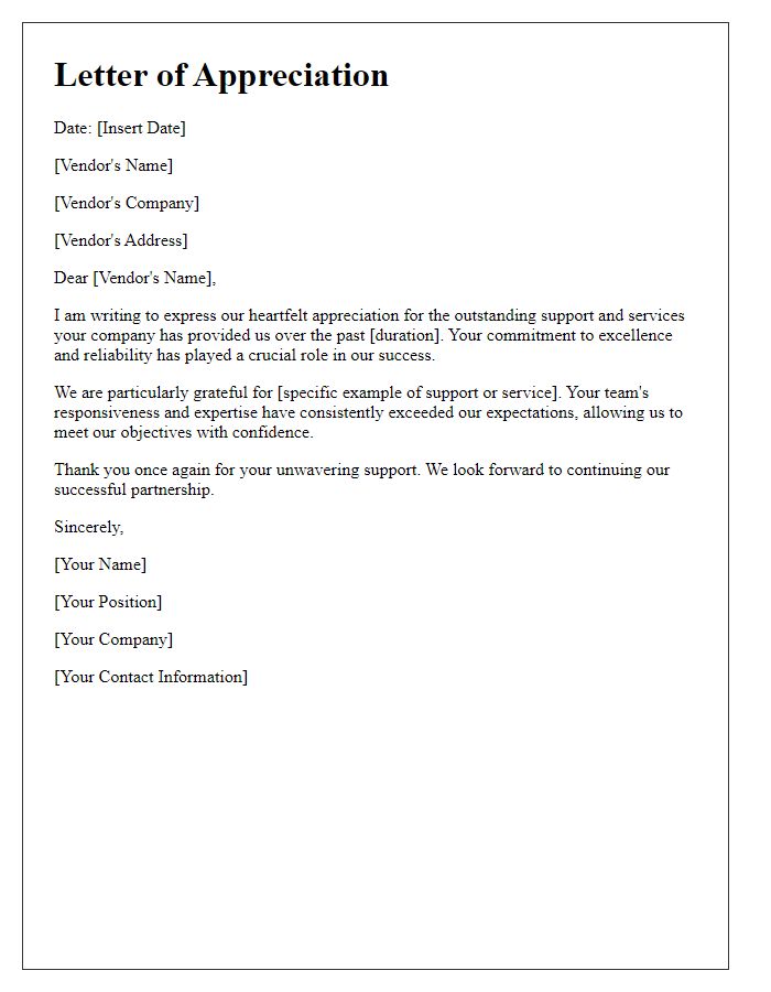 Letter template of appreciation for reliable vendor support