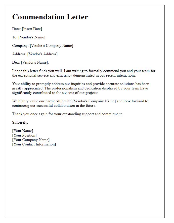 Letter template of commendation for efficient vendor interactions