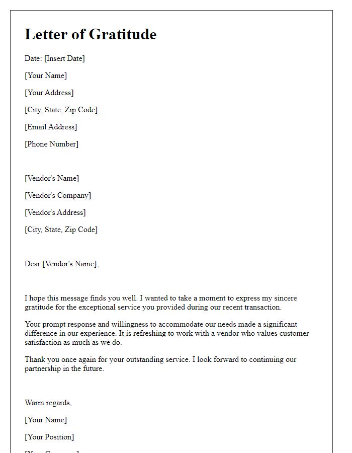 Letter template of gratitude for prompt vendor service