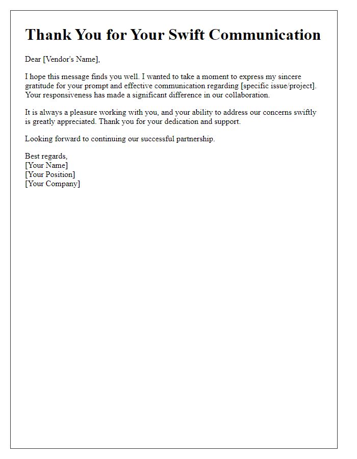 Letter template of thanks for swift vendor communication