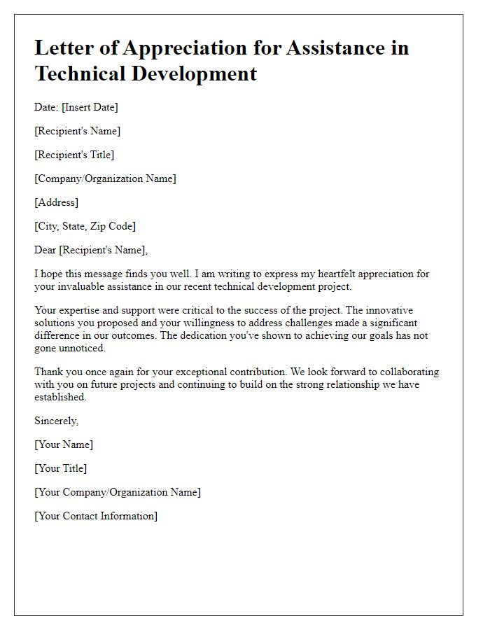 Letter template of appreciation for assistance in technical development