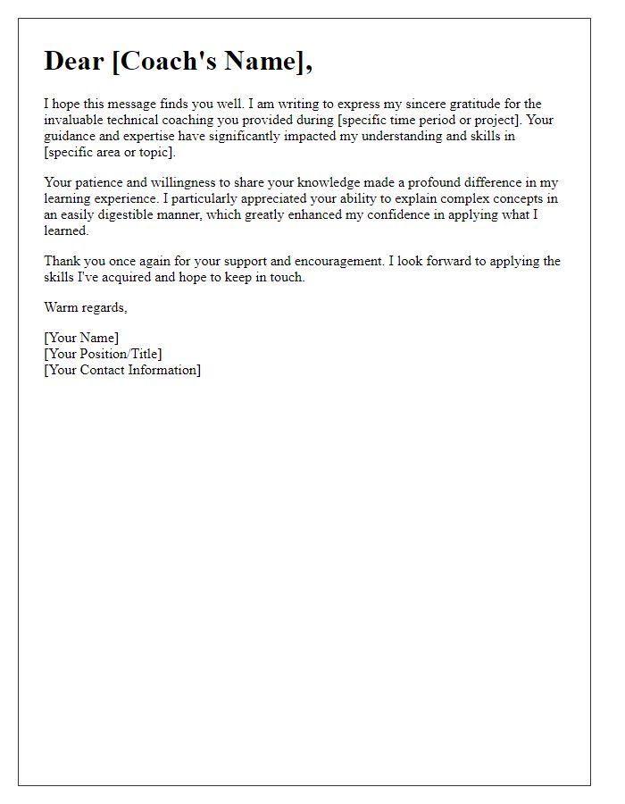 Letter template of sincere thanks for technical coaching