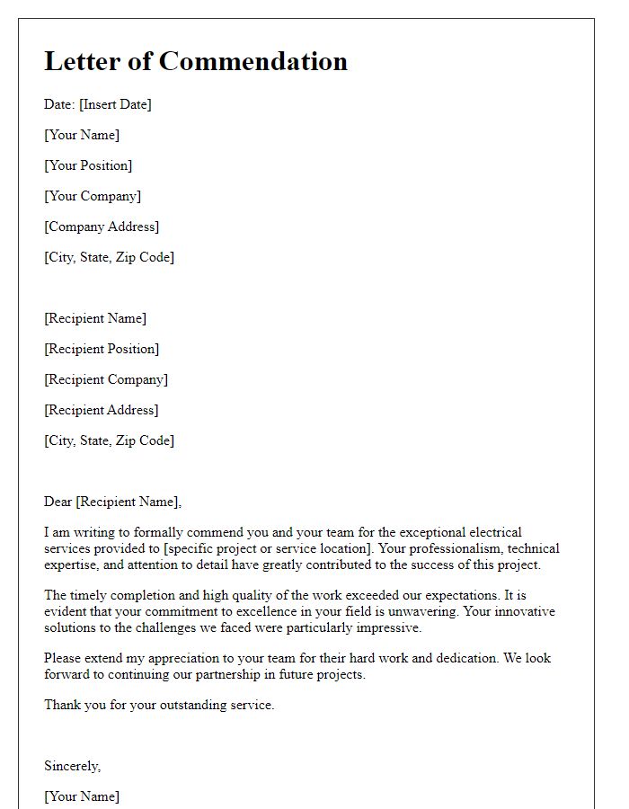 Letter template of commendation for efficient electrical services.