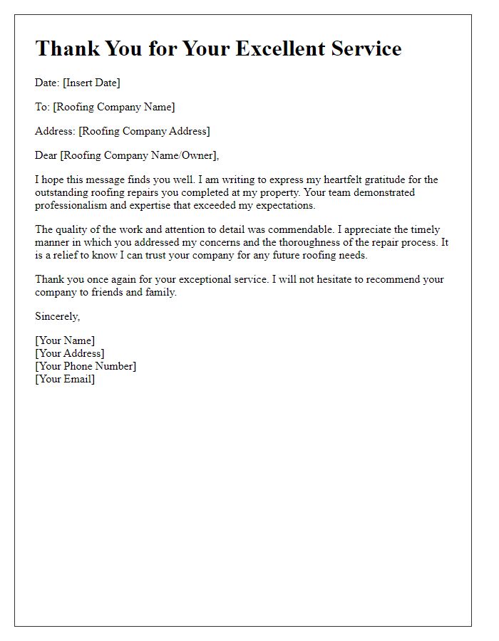 Letter template of thanks for reliable roofing repairs.