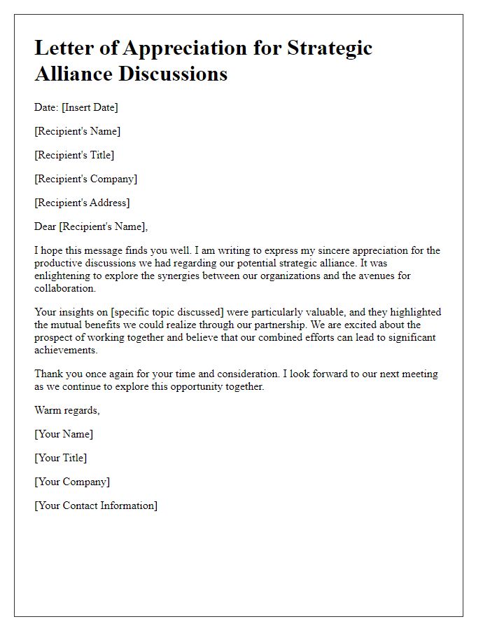 Letter template of appreciation for strategic alliance discussions