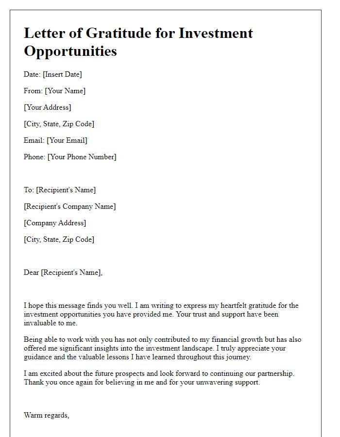 Letter template of gratitude for investment opportunities