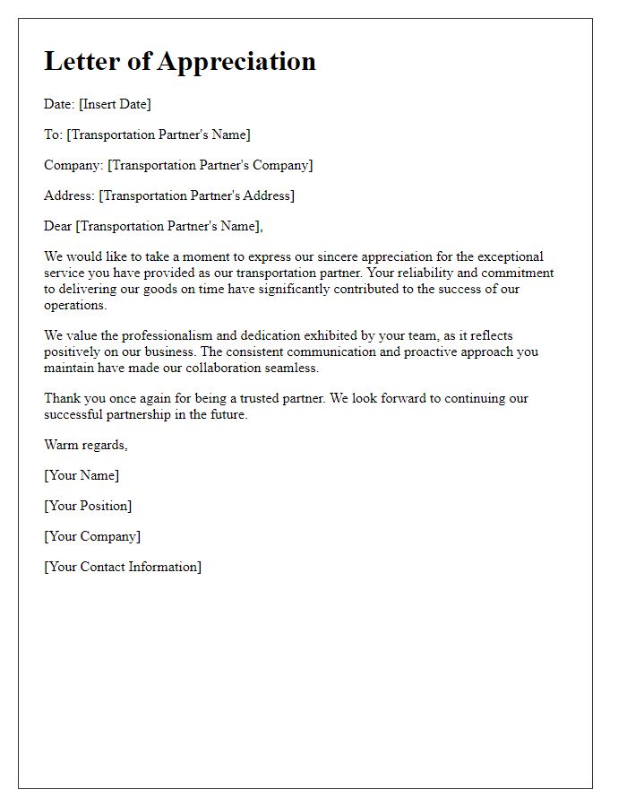 Letter template of appreciation for reliable transportation partners.