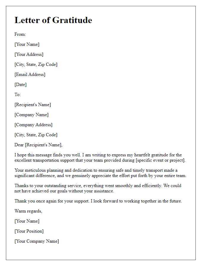 Letter template of gratitude for excellent transportation support.