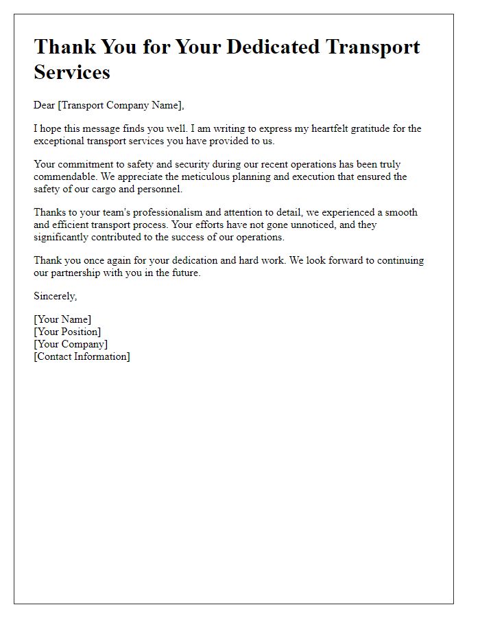 Letter template of thankfulness for safe and secure transport operations.