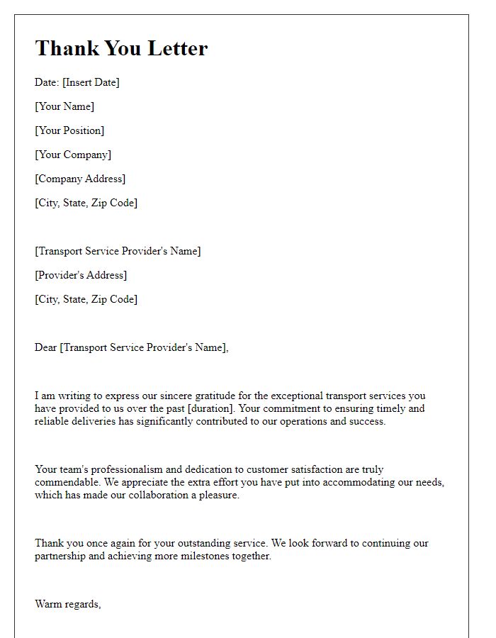 Letter template of thanks to dedicated transport service providers.