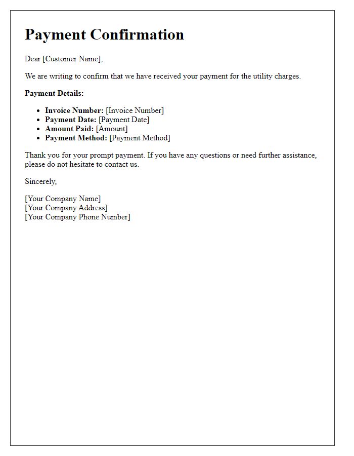 Letter template of payment confirmation for utility charges