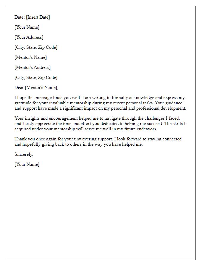 Letter template of acknowledgment for mentorship on personal tasks