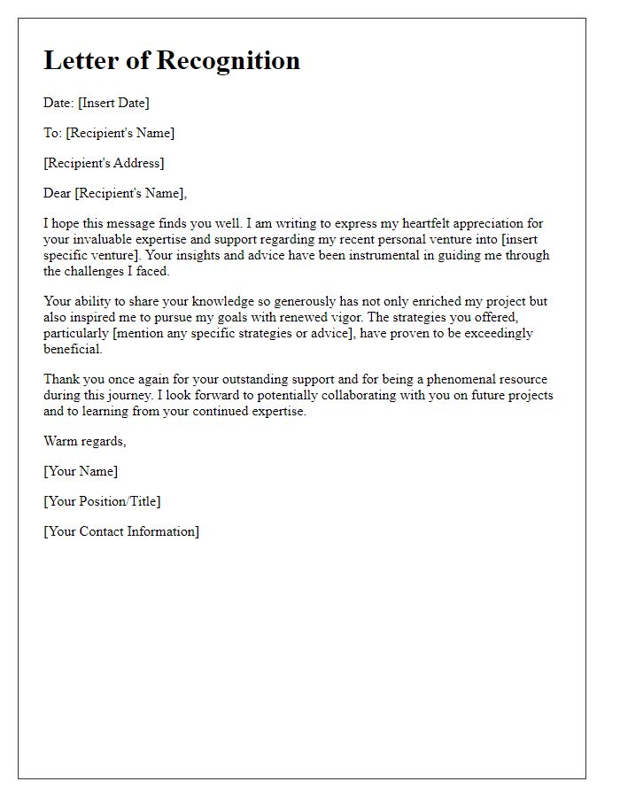 Letter template of recognition for shared expertise on personal ventures