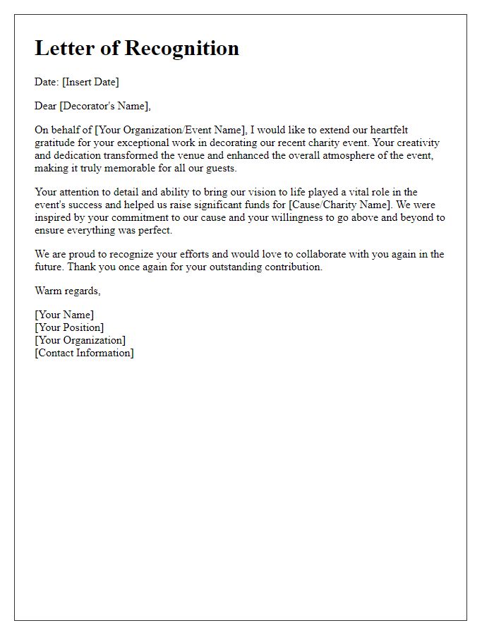 Letter template of recognition for charity event decorators.