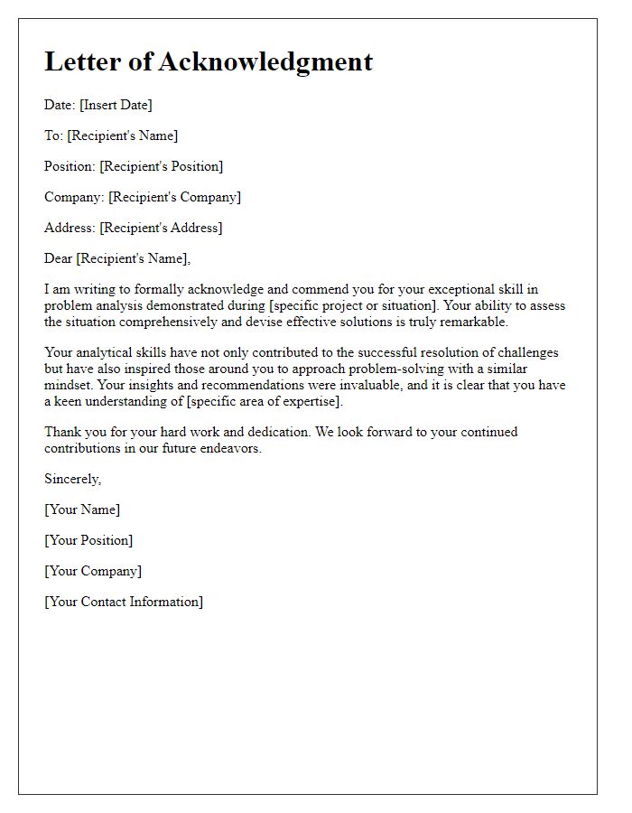 Letter template of acknowledgment for skillful problem analysis