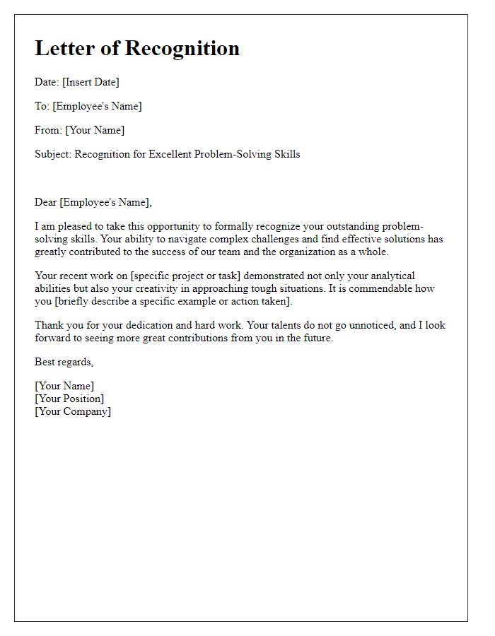 Letter template of recognition for excellent problem-solving skills