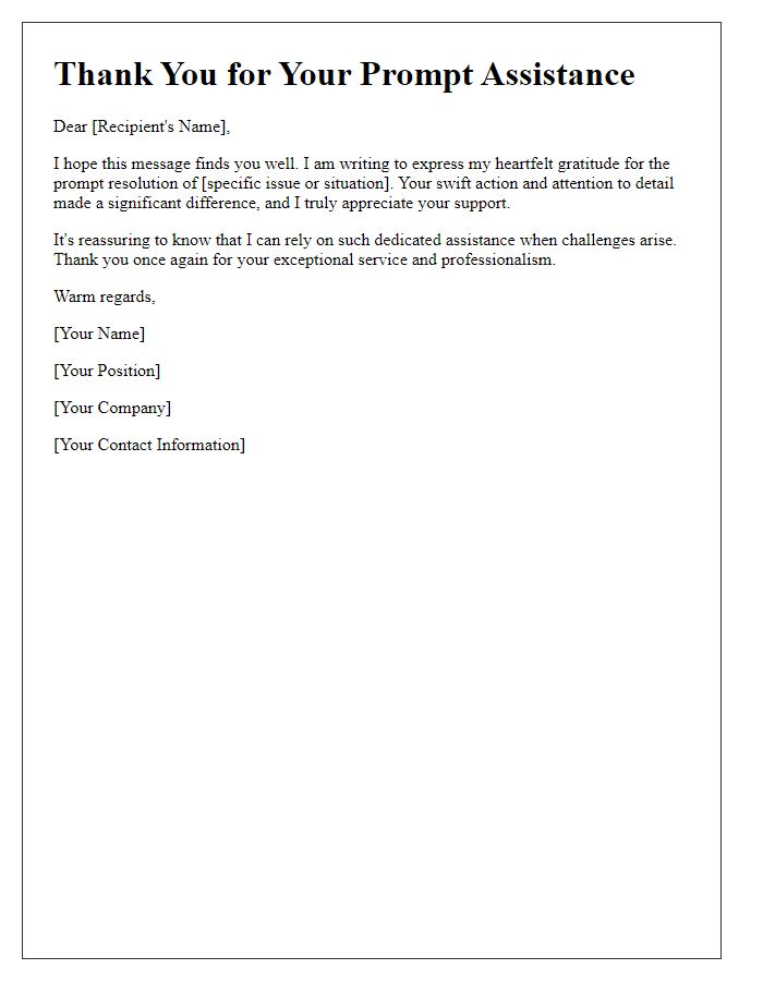 Letter template of thankfulness for prompt resolution assistance