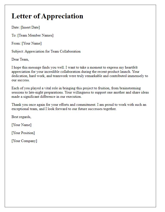 Letter template of appreciation for team collaboration during product launch