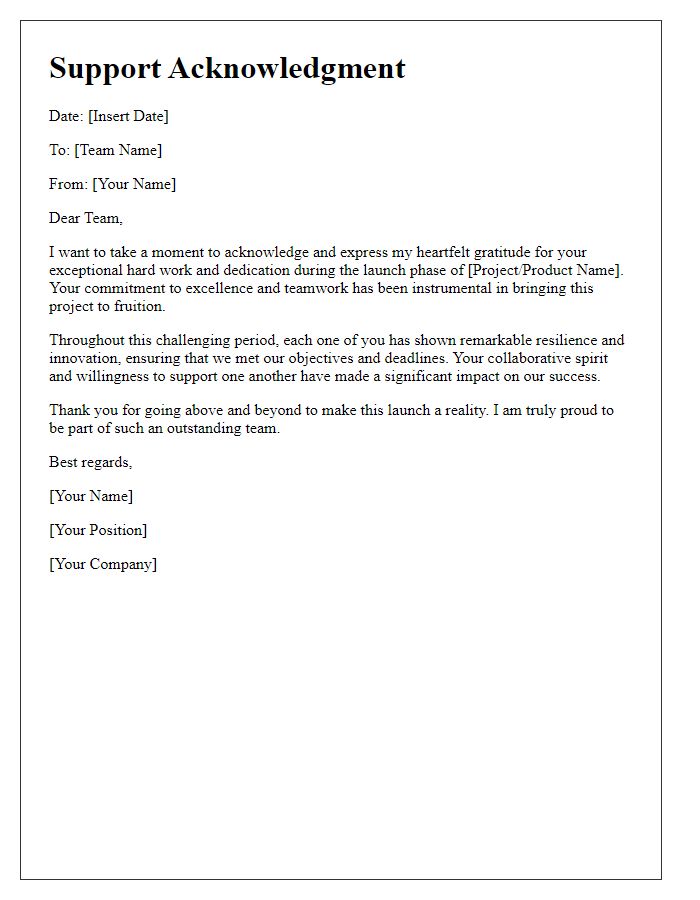 Letter template of support acknowledgment for team during launch phase