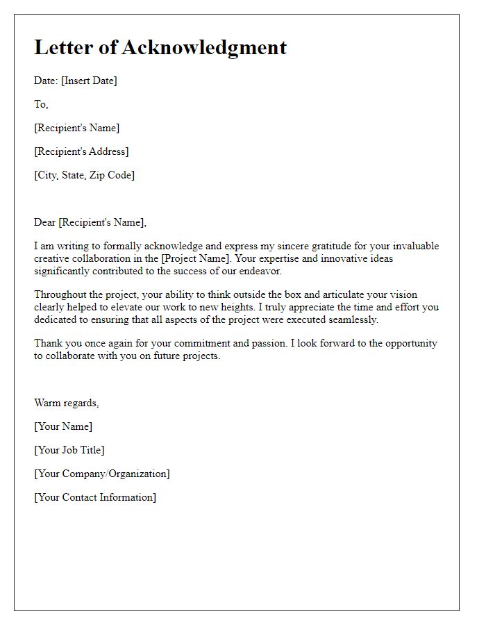 Letter template of acknowledgment for your creative collaboration in the project.