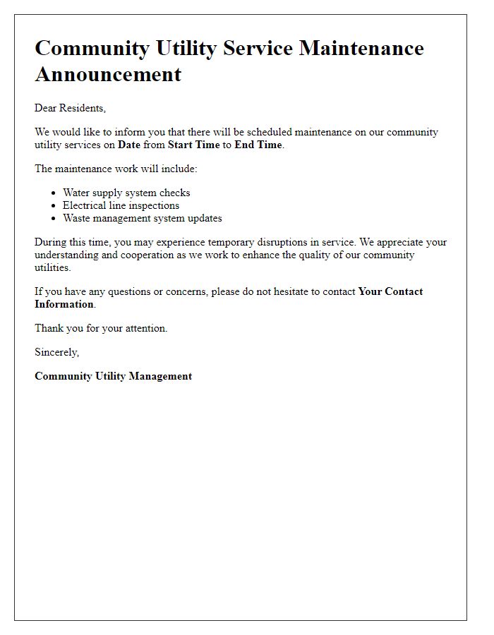 Letter template of community utility service maintenance announcement