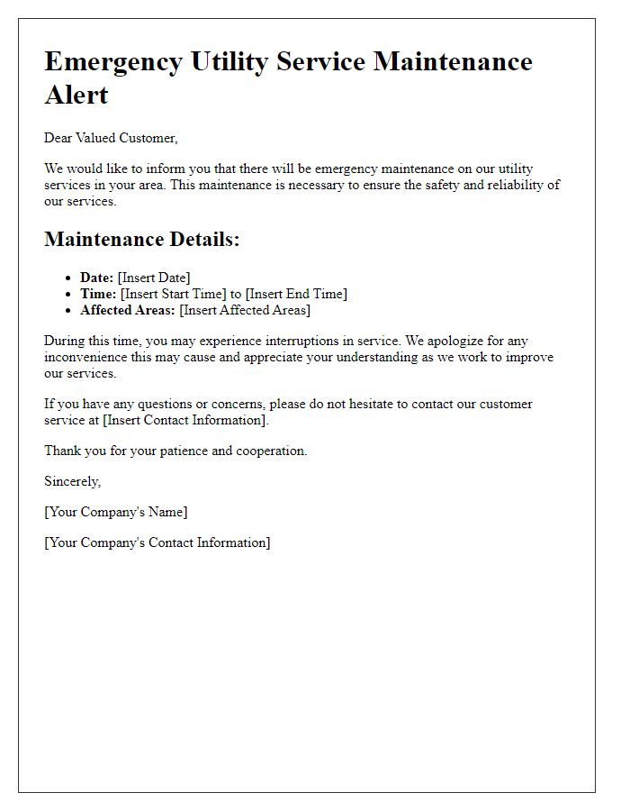 Letter template of emergency utility service maintenance alert