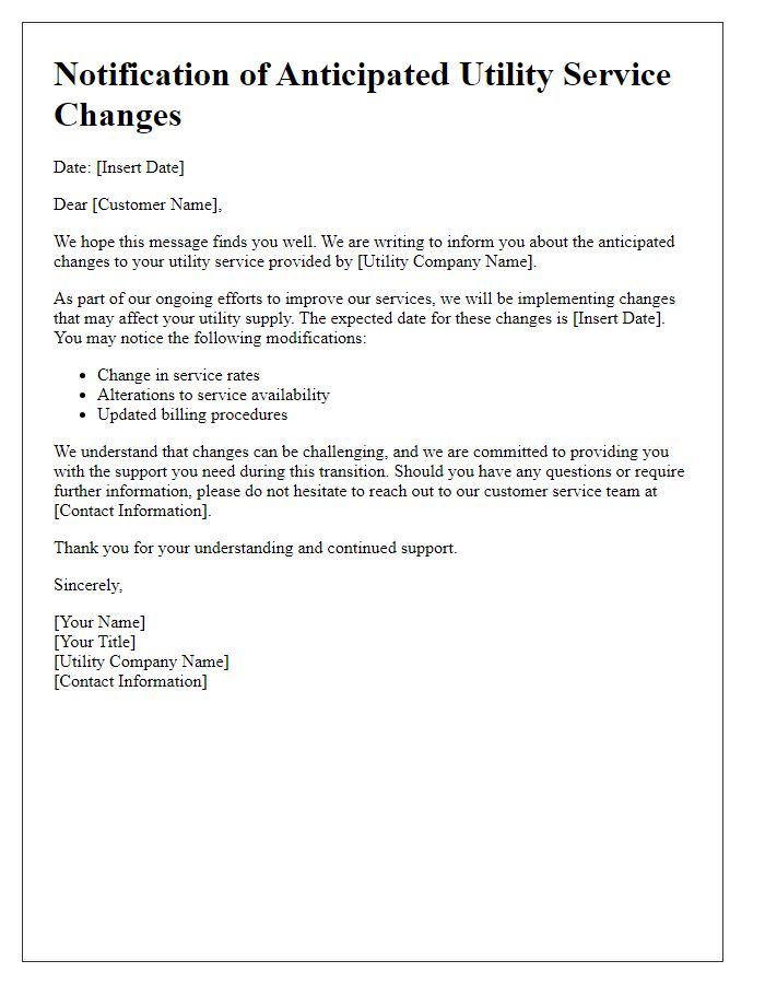 Letter template of notification for anticipated utility service changes