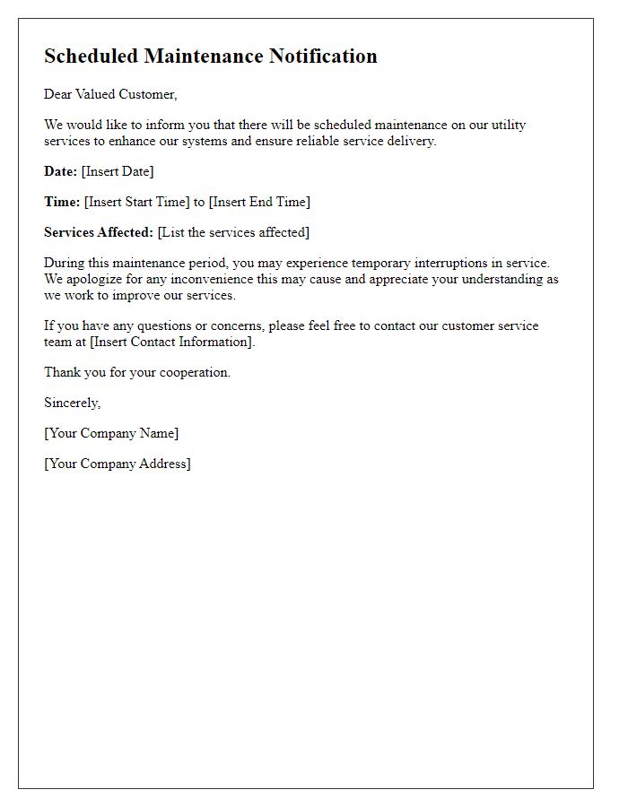 Letter template of scheduled maintenance for utility services