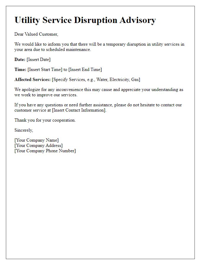 Letter template of utility service disruption advisory