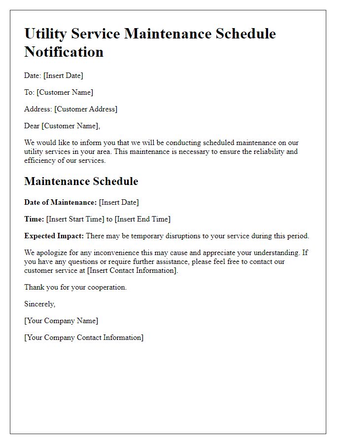 Letter template of utility service maintenance schedule