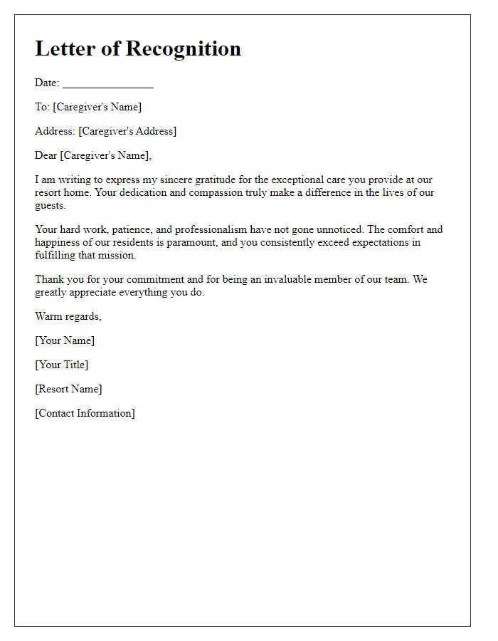 Letter template of recognition for resort home caregivers.