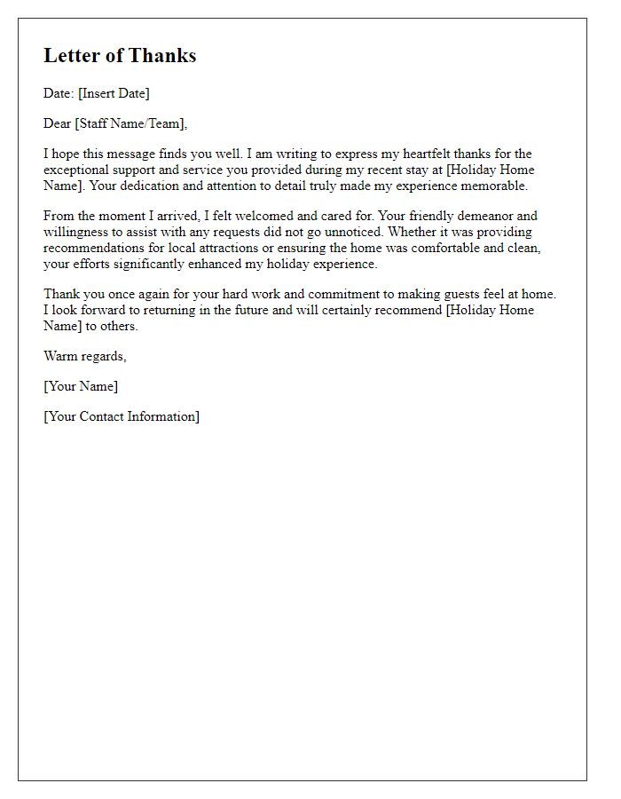 Letter template of thanks to holiday home support staff.