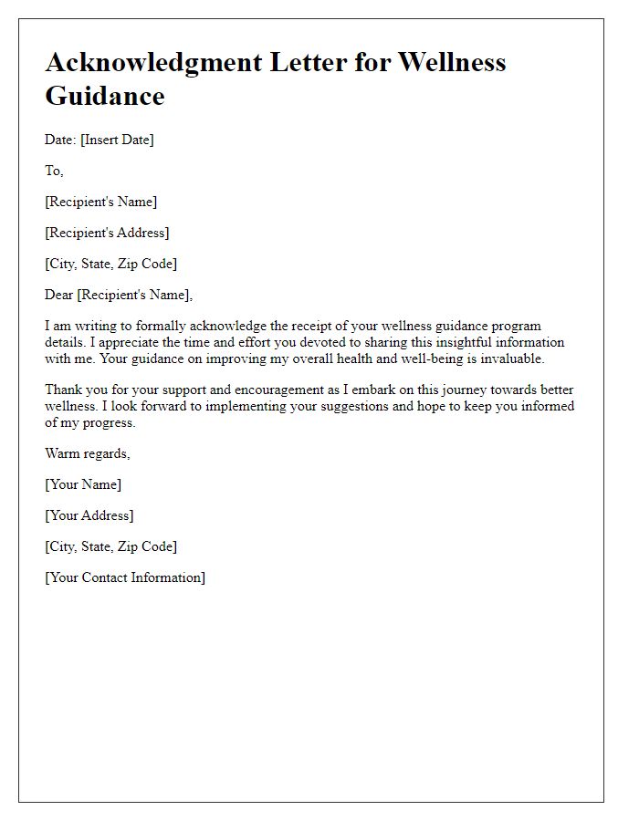 Letter template of acknowledgment for wellness guidance