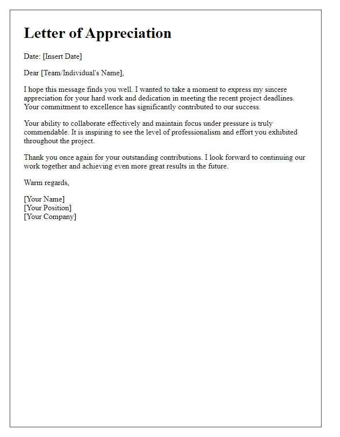 Letter template of appreciation for meeting project deadlines