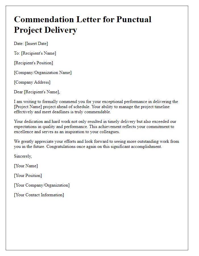 Letter template of commendation for punctual project delivery