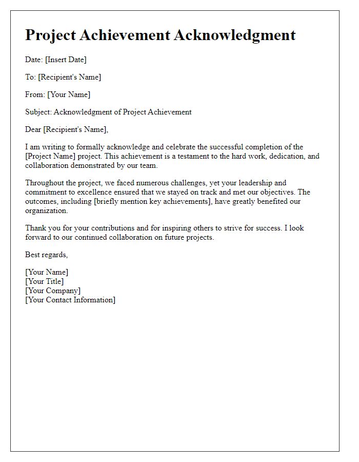 Letter template of project achievement acknowledgment