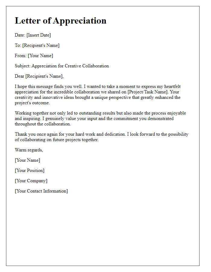 Letter template of appreciation for creative collaboration.