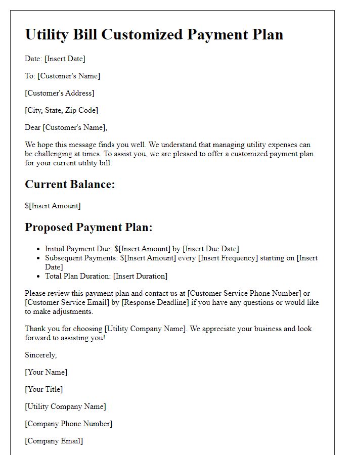 Letter template of utility bill customized payment plan