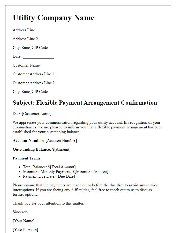 Letter template of utility bill flexible payment arrangement