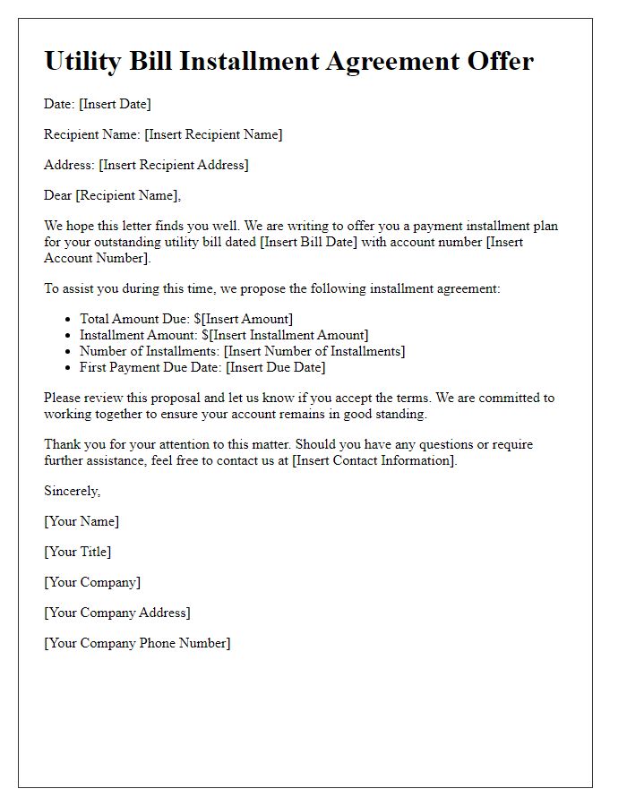 Letter template of utility bill installment agreement offer