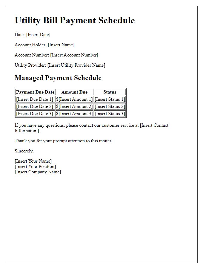 Letter template of utility bill managed payment schedule