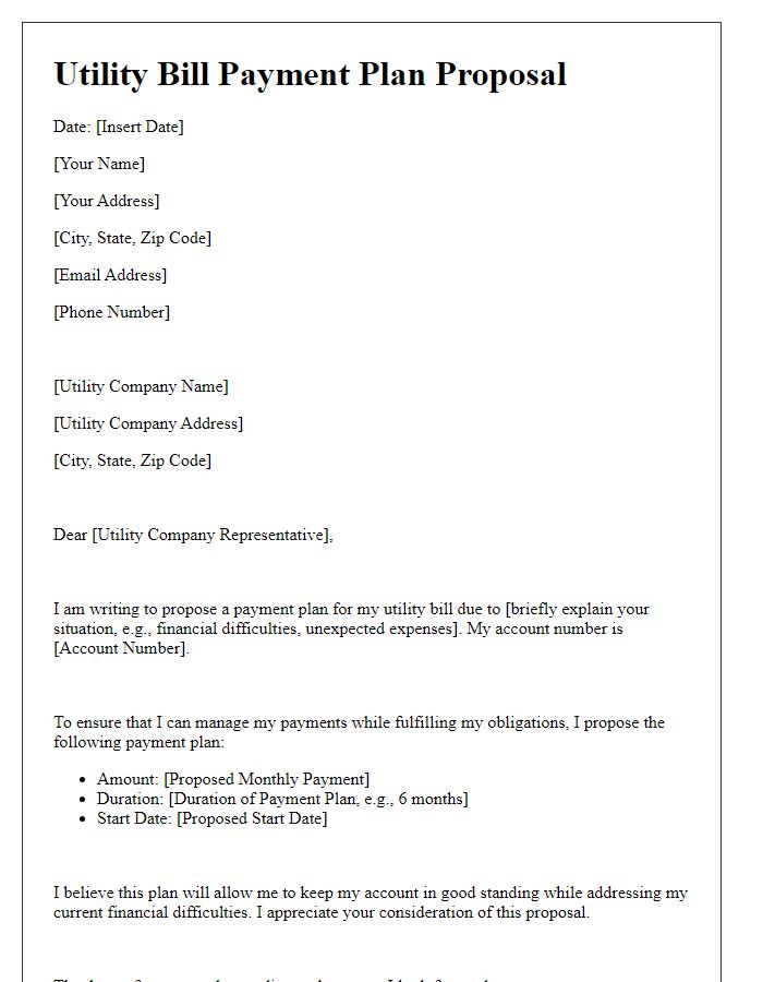 Letter template of utility bill payment plan proposal