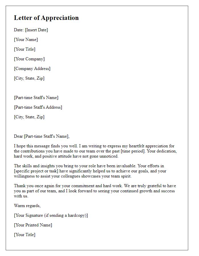 Letter template of appreciation for the contributions of part-time staff.