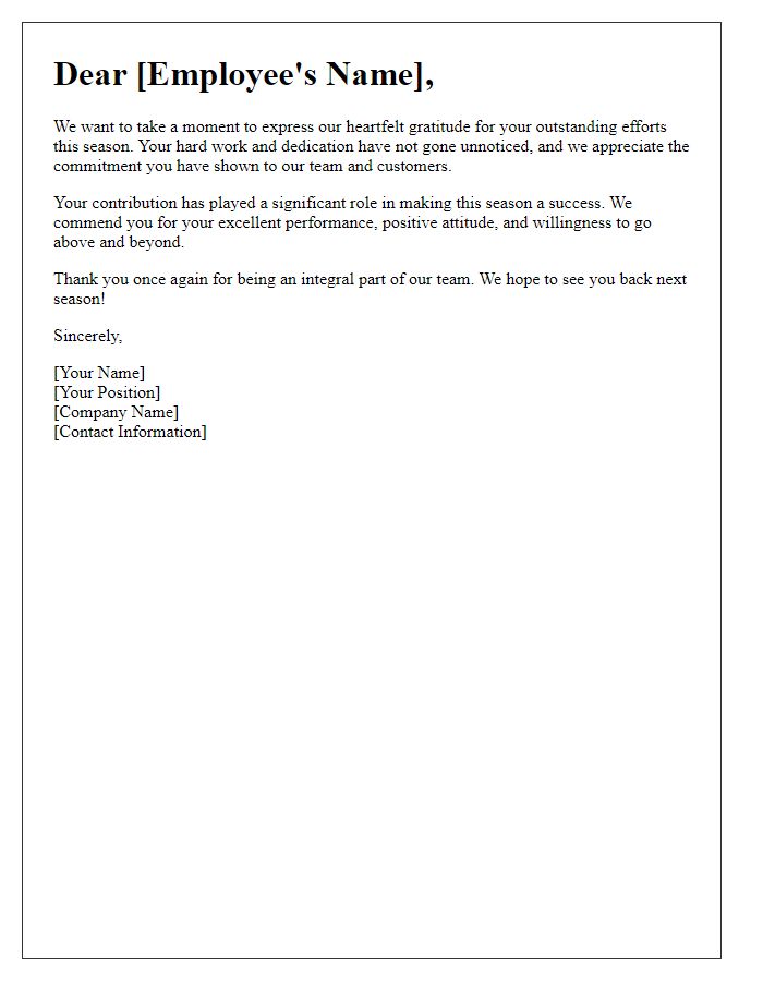 Letter template of thanks for seasonal employees' outstanding efforts.