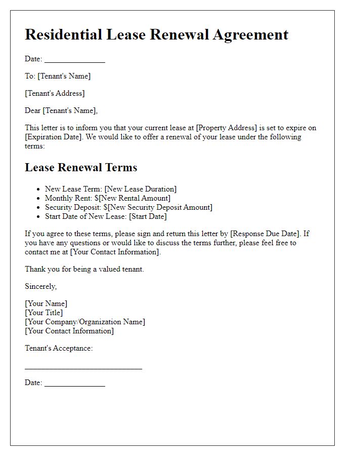 Letter template of residential lease renewal agreement.