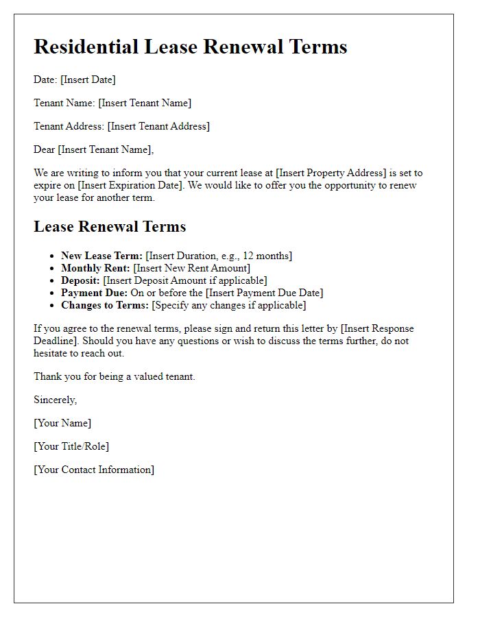 Letter template of residential lease renewal terms.