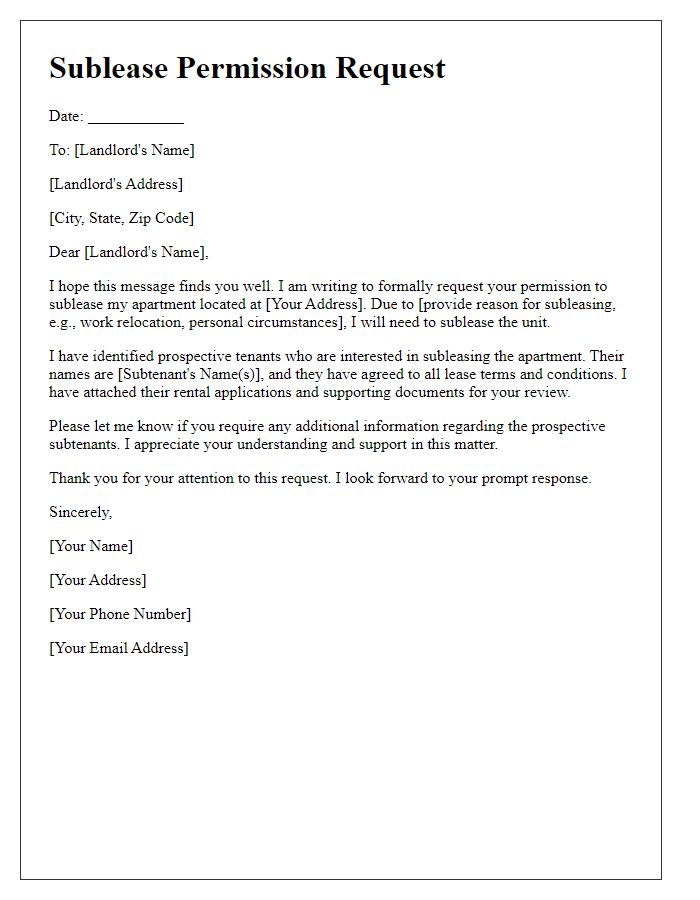 Letter template of sublease permission request for new tenants