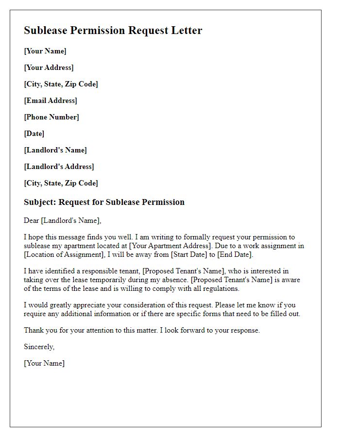 Letter template of sublease permission request for work assignment