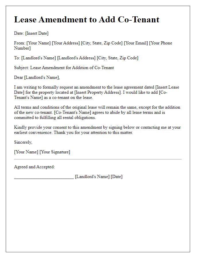 Letter template of lease amendment for adding a co-tenant